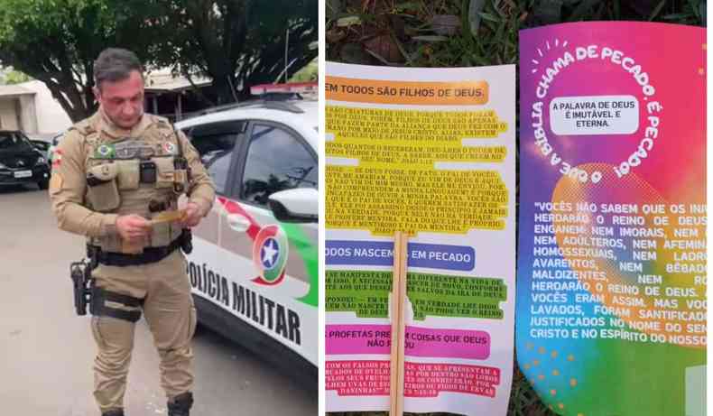 Montagem de duas fotos mostra policial  esquerda e os folhetos de cunho religioso com ataques  comunidade LGBTQIA+