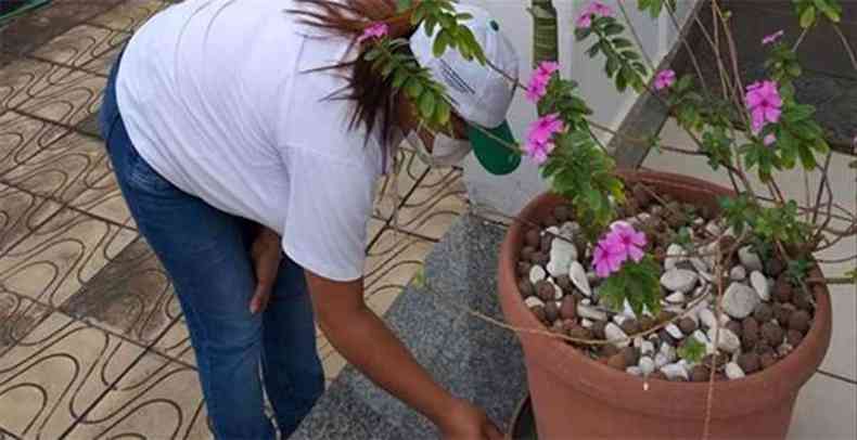 Mulher tenta identificar possíveis locais para acúmulo de água em um vaso de planta