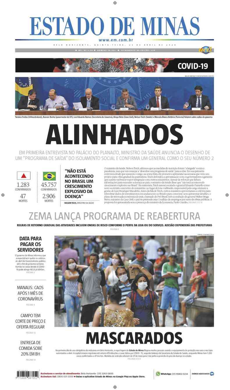 Confira a Capa do Jornal Estado de Minas do dia 23/04/2020(foto: Estado de Minas)