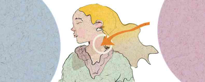 Ilustrao mostra mulher de olhos fechados, com aparncia doente, e uma seta apontando para a garganta dela