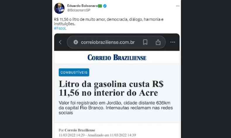 Publicao do Eduardo Bolsonaro no Twitter, com o print de uma matria de 2022
