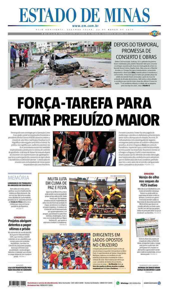 Confira a Capa do Jornal Estado de Minas do dia 20/03/2017