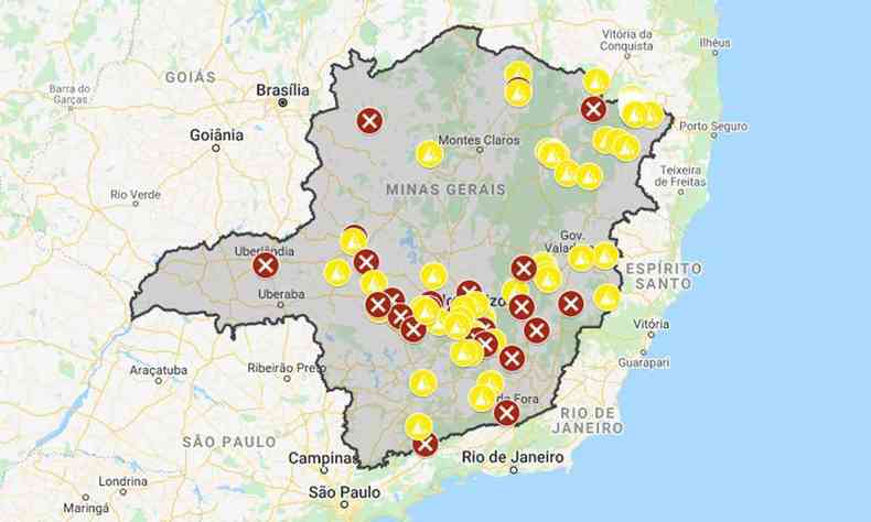 Mapa das interdições em rodovias de Minas