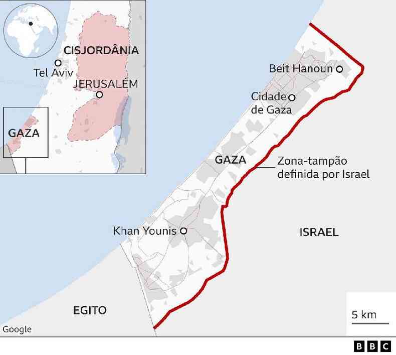Mapa de Gaza com barreira de Israel