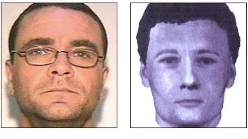 A foto de Malkinson quando foi preso e a imagem eletr�nica do suspeito.