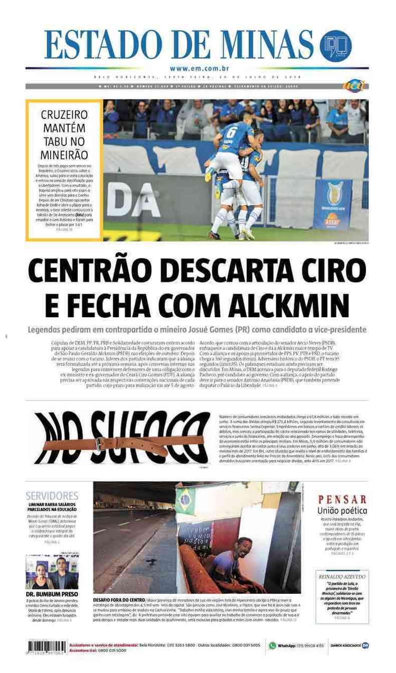 Confira a Capa do Jornal Estado de Minas do dia 20/07/2018