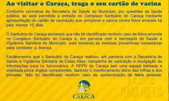 Informe est na pgina principal do site (foto: Santurio do Caraa/ Divulgao )