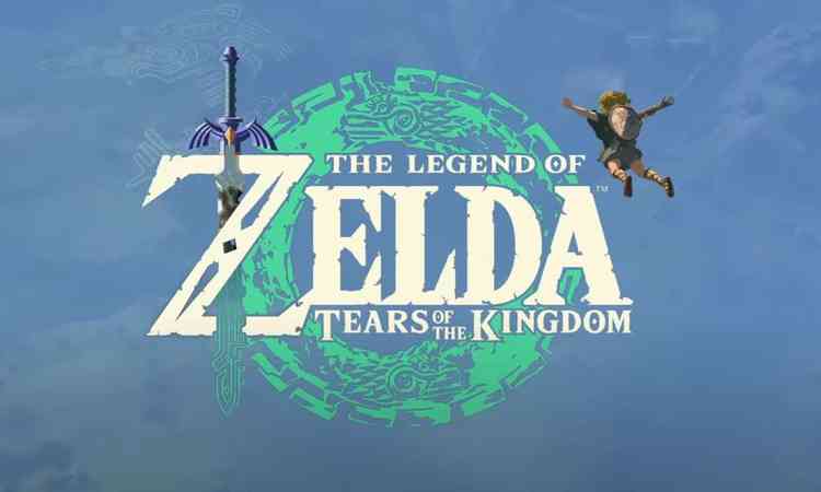 Link planando com os braos abertos ao lado da logo do novo jogo 
