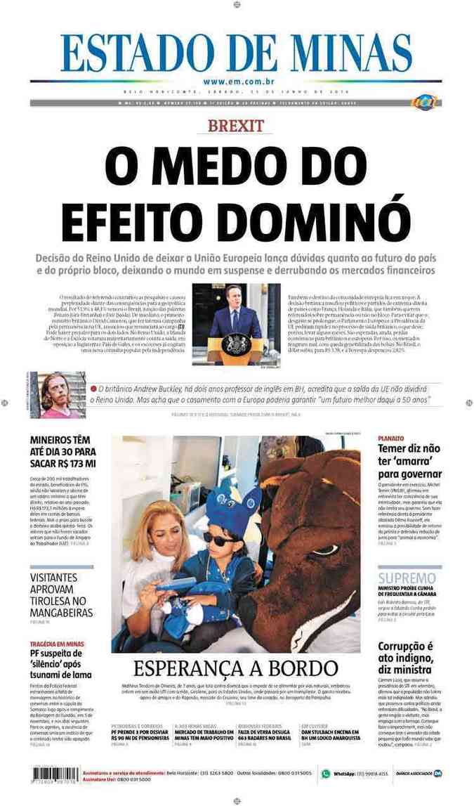 Confira a Capa do Jornal Estado de Minas do dia 25/06/2016