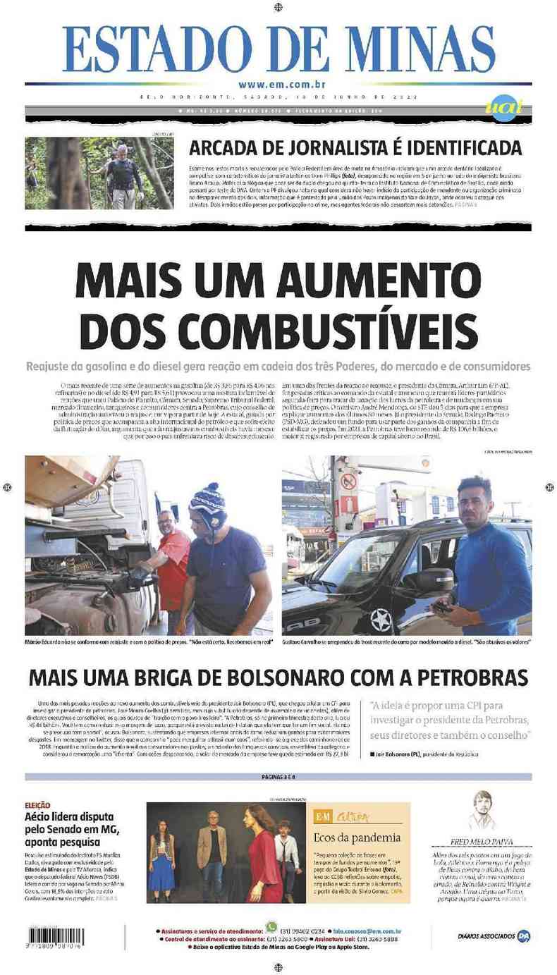 Confira a Capa do Jornal Estado de Minas do dia 18/06/2022