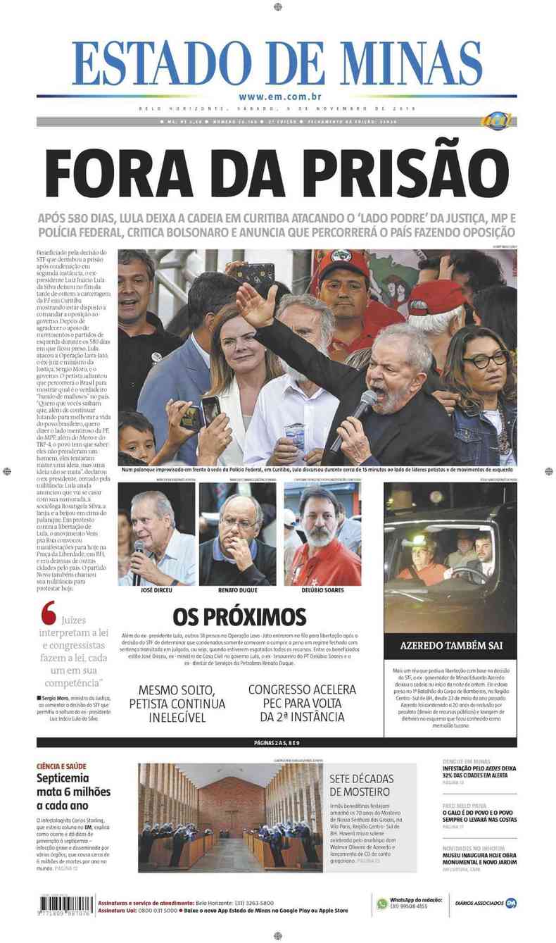 Confira a Capa do Jornal Estado de Minas do dia 09/11/2019(foto: Estado de Minas)