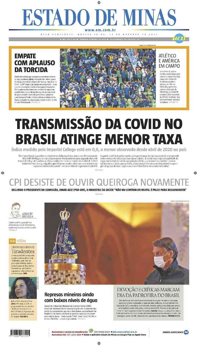 Confira a Capa do Jornal Estado de Minas do dia 13/10/2021