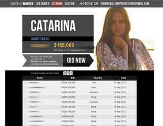 Pgina de Catarina na internet com oferta de US$ 155 mil pela virgindade (foto: Reproduo)