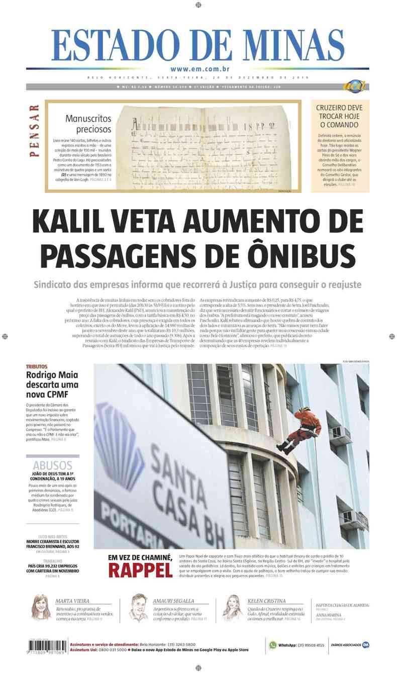 Confira a Capa do Jornal Estado de Minas do dia 20/12/2019(foto: Estado de Minas)