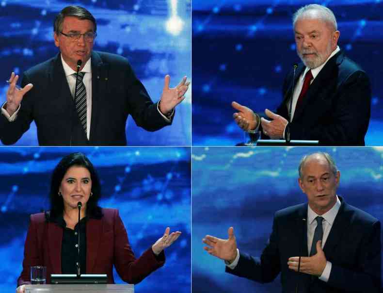 No alto, Bolsonaro e Lula; embaixo, Tebet e Ciro