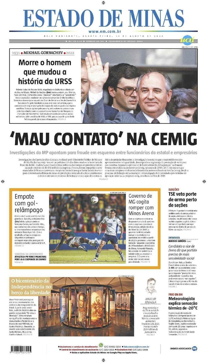 Confira a Capa do Jornal Estado de Minas do dia 31/08/2022
