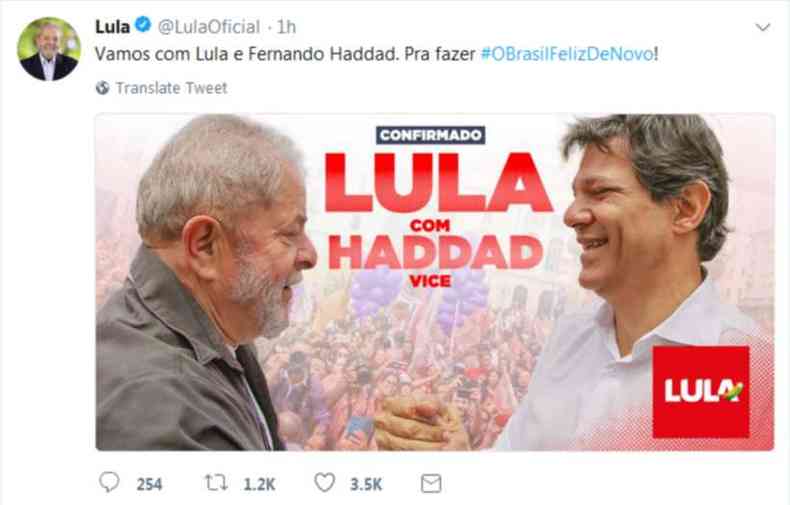 Haddad foi confirmado pelo Twitter oficial do Lula no fim da noite de domingo(foto: Reproduo Twitter)
