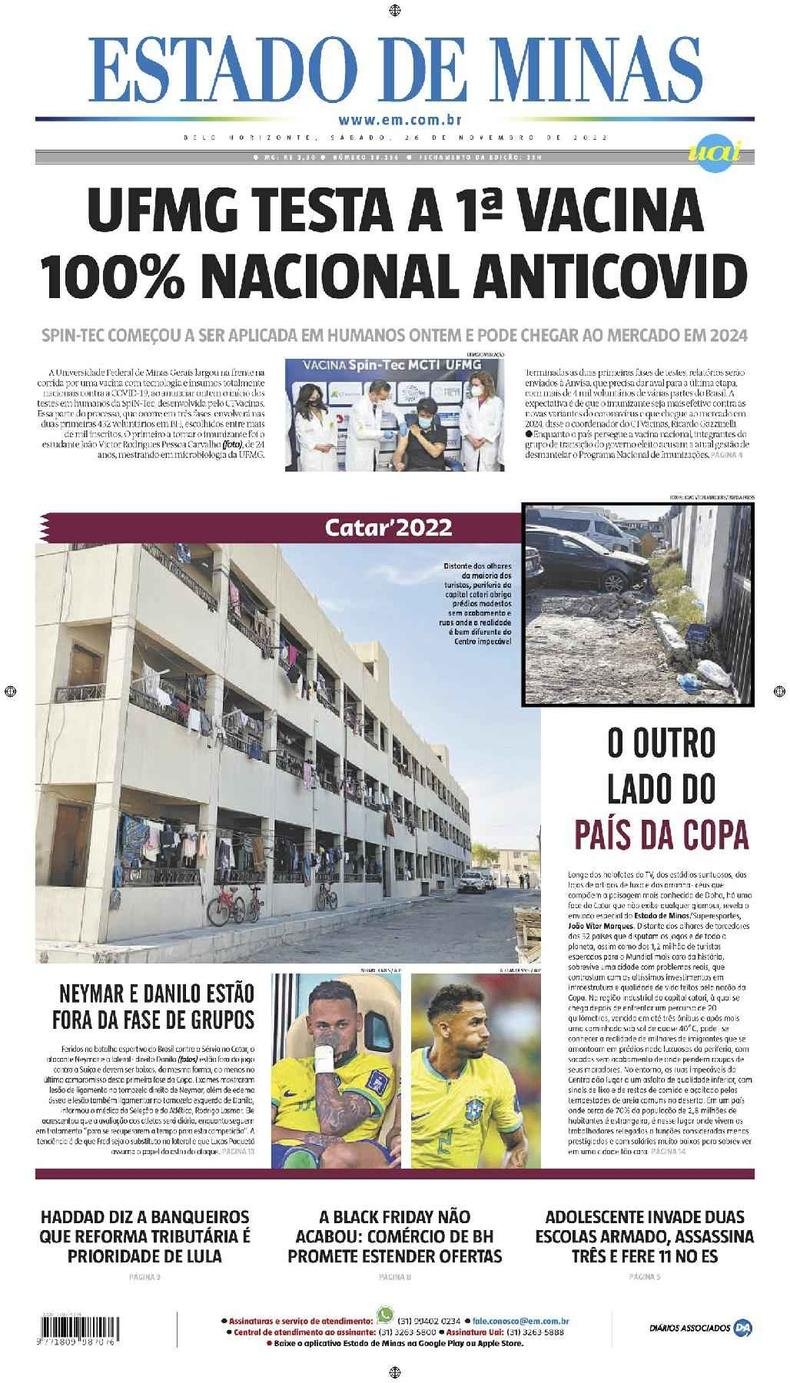 Confira a Capa do Jornal Estado de Minas do dia 26/11/2022