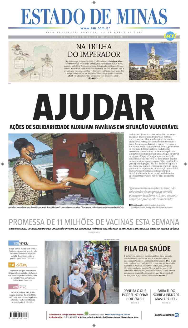 Confira a Capa do Jornal Estado de Minas do dia 28/03/2021(foto: Estado de Minas)