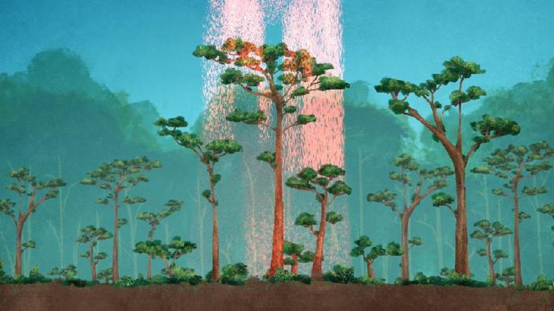 Ilustrao de uma chuva de lasers caindo em rvores na Terra