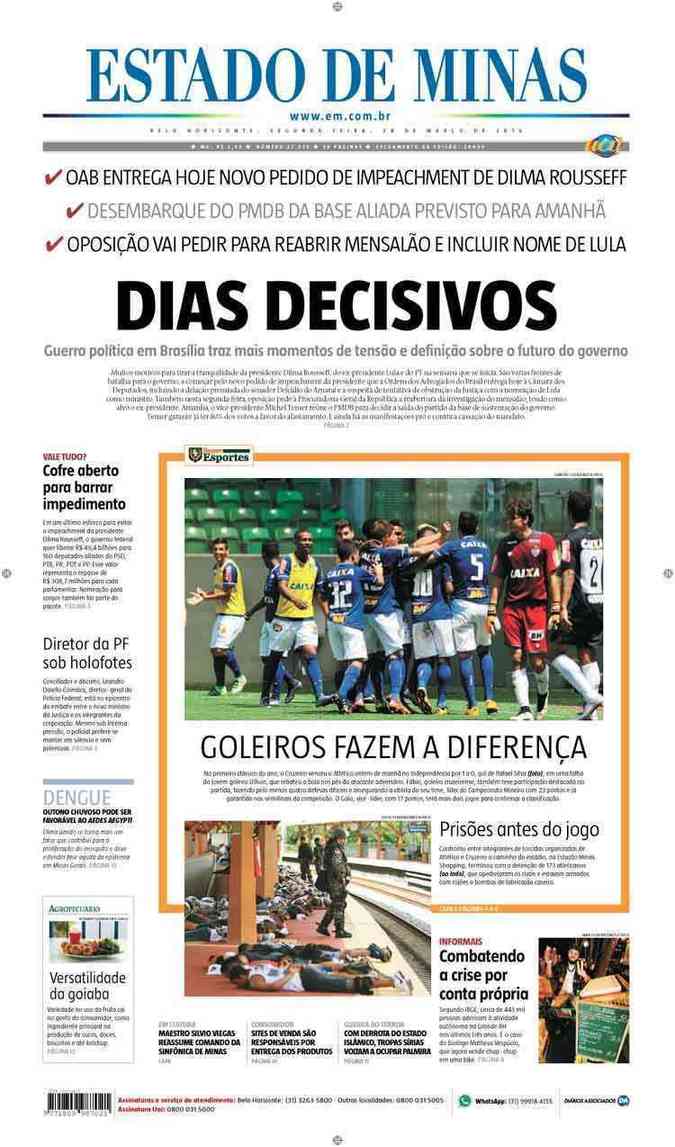 Confira a Capa do Jornal Estado de Minas do dia 28/03/2016