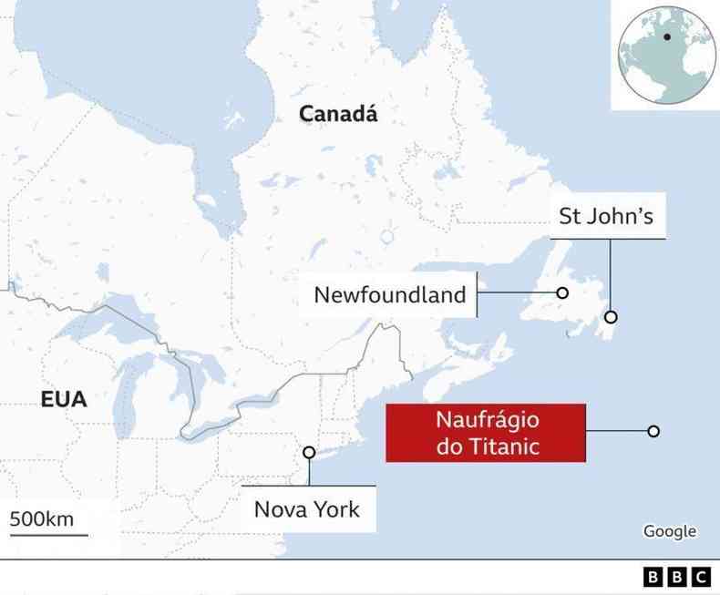Mapa mostra onde est localizado o naufrgio do Titanic