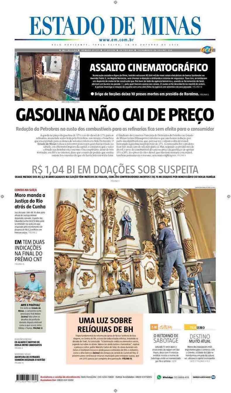 Confira a Capa do Jornal Estado de Minas do dia 18/10/2016