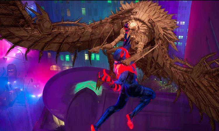 Homem-Aranha Miles Morales diante de imensa criatura de asas gigantescas no metaverso