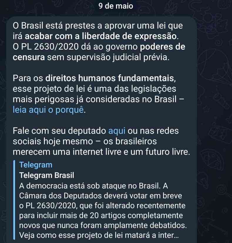 Texto do telegram contra a PL das Fake News
