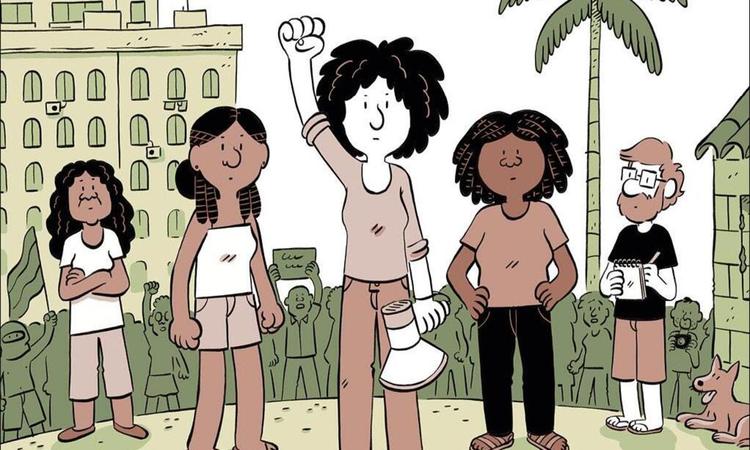 Ilustração da capa do livro Reflexos do mundo - Na luta traz imagens de mulheres em manifestação. À direita, o autor Fabien Toulmé toma notas, à direita