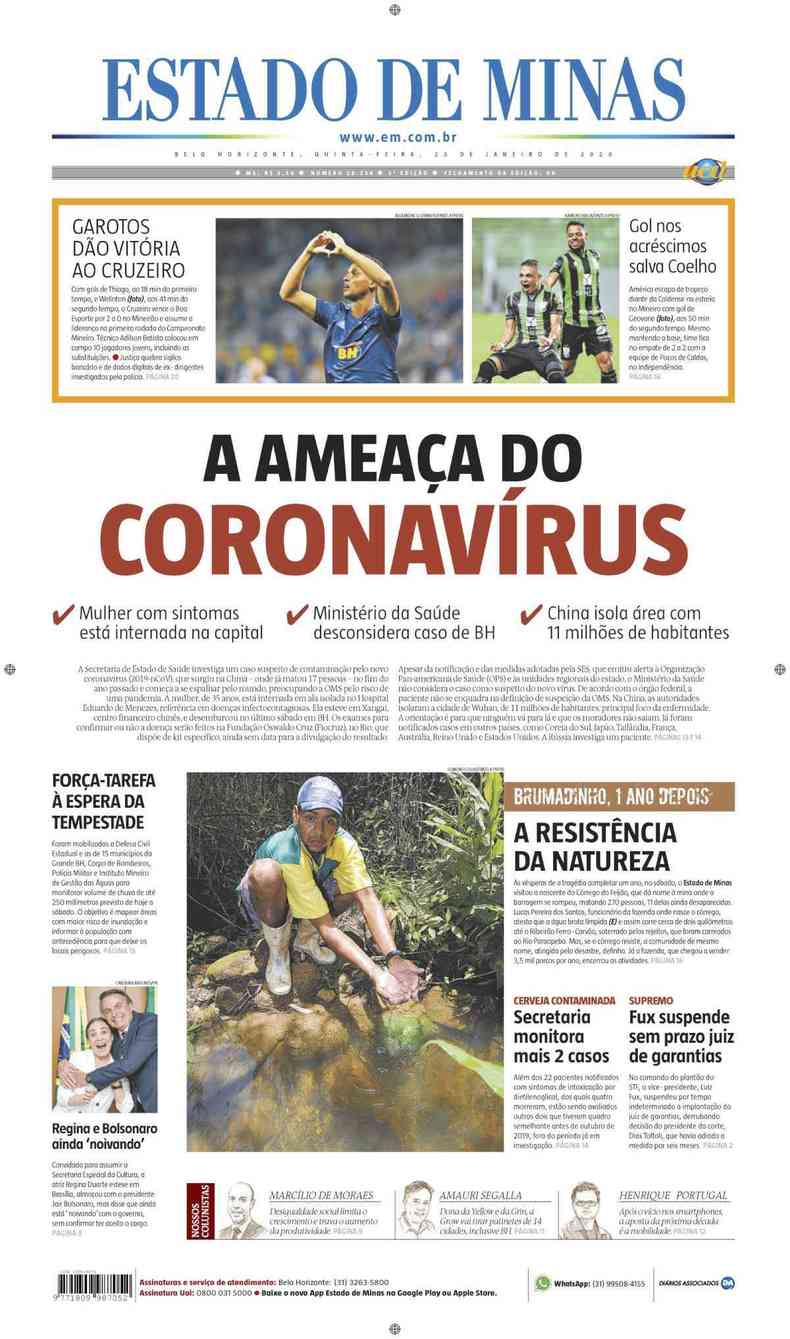 Confira a Capa do Jornal Estado de Minas do dia 23/01/2020(foto: Estado de Minas)