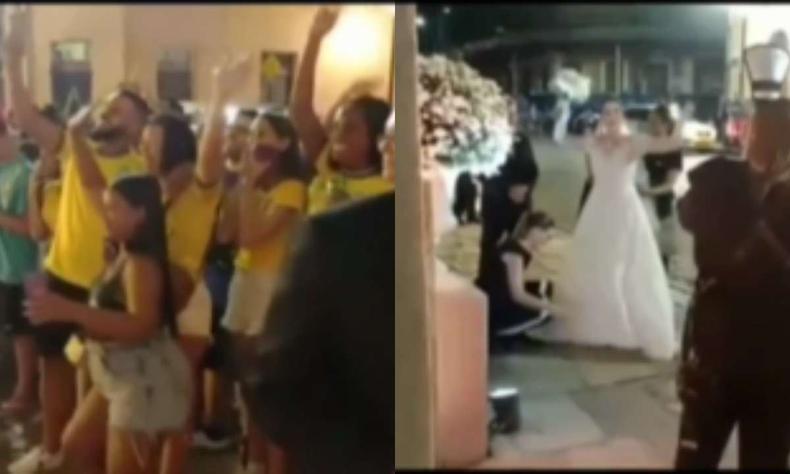 Com muita animação, a noiva retribuiu o carinho da torcida brasileira, que vibrou com sua chegada na igreja(foto: Reprodução / Instagram) noiva e torcida