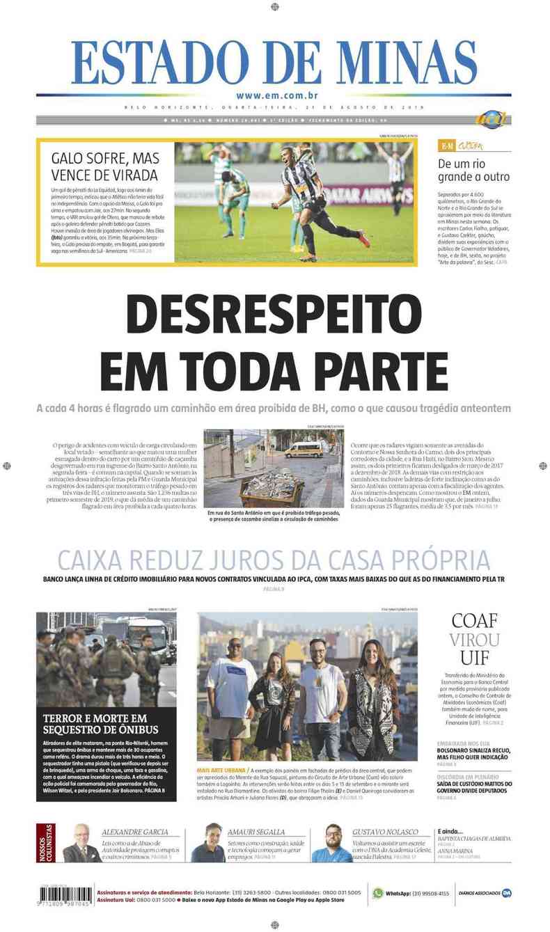 Confira a Capa do Jornal Estado de Minas do dia 21/08/2019(foto: Estado de Minas)