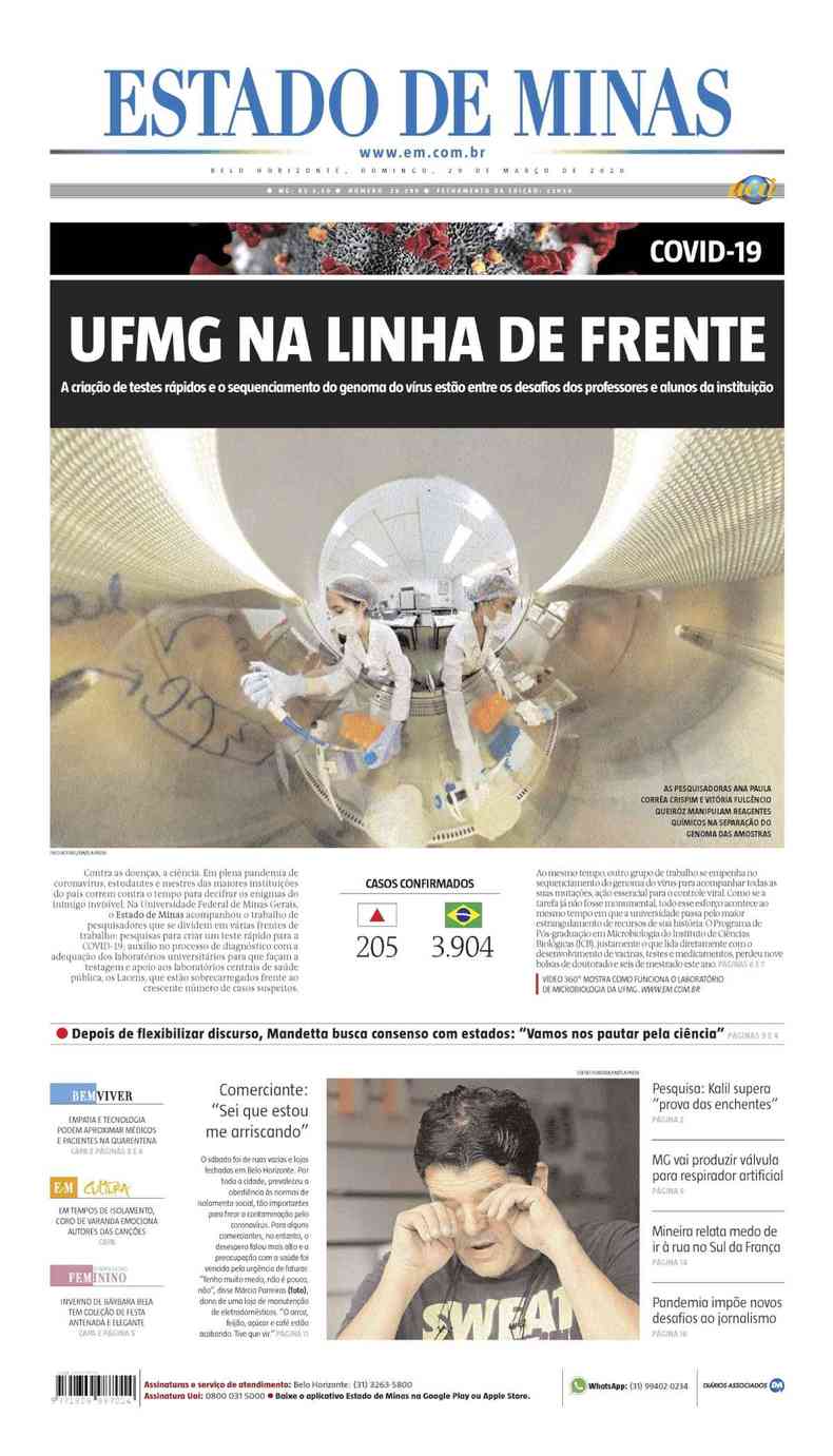 Confira a Capa do Jornal Estado de Minas do dia 29/03/2020(foto: Estado de Minas)