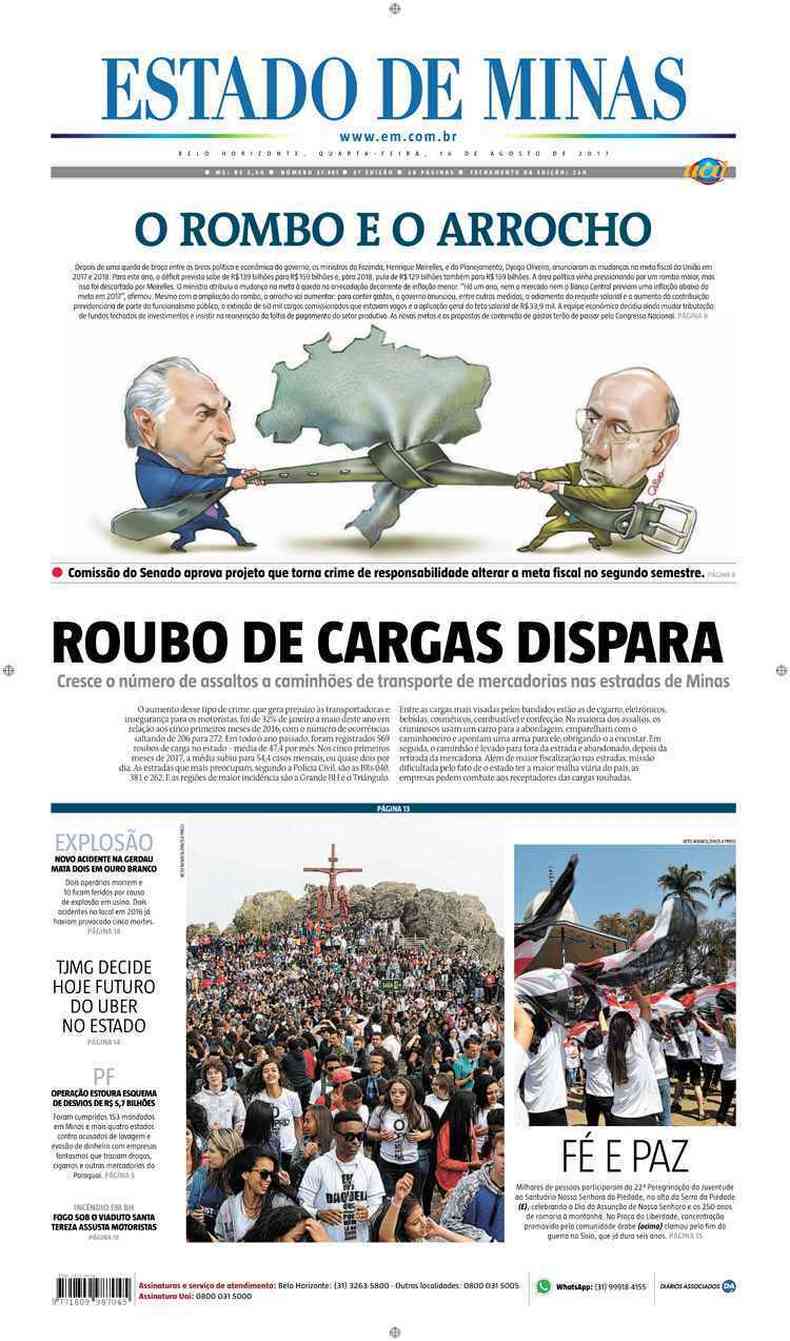Confira a Capa do Jornal Estado de Minas do dia 16/08/2017