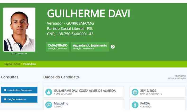 Registro de Guilherme Davi, candidato mais jovem em Minas(foto: Divulgao/Tribunal Regional Eleitoral de Minas Gerais)