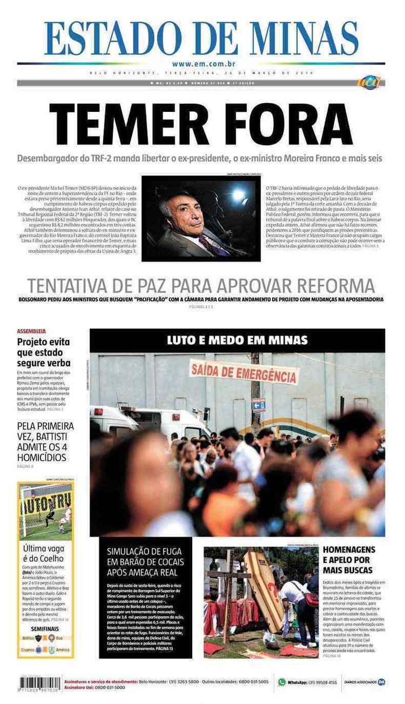 Confira a Capa do Jornal Estado de Minas do dia 26/03/2019(foto: Estado de Minas)