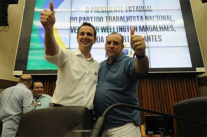 Rodrigo Pacheco e Wellington Magalhães posam para foto durante a convenção.(foto: Cristina Horta/EM/D.A PRESS ) Rodrigo Pacheco e Wellington Magalhães posam para foto durante a convenção.(foto: Cristina Horta/EM/D.A PRESS )