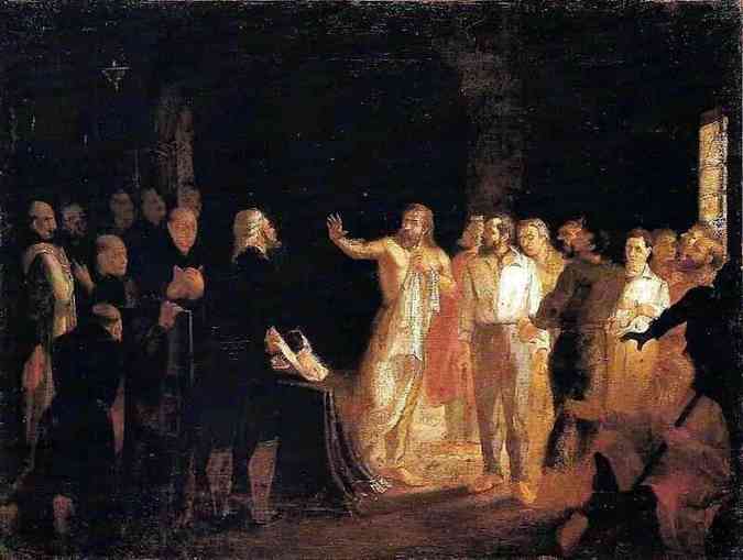 Óleo sobre tela de Leopoldino de Faria (1836-1911) retratando a resposta de Tiradentes à comutação da pena de morte dos Inconfidentes. 
