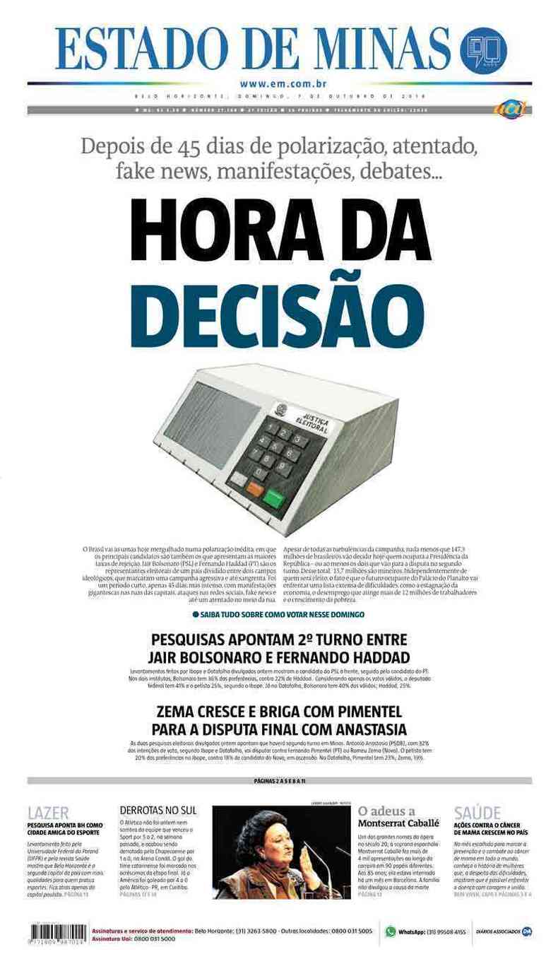 Confira a Capa do Jornal Estado de Minas do dia 07/10/2018(foto: Estado de Minas)