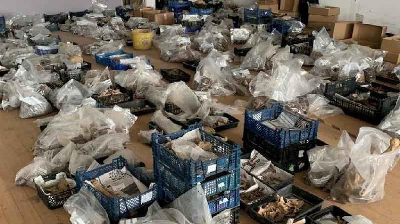 Caixas e sacos de restos mortais e artefatos