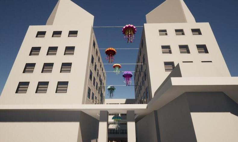 Instalação vai levar o mar para o céu, no Centro de BH (foto: Reprodução) Croqui mostra instalação com medusas marinhas penduradas entre torres de dois edifícios em BH
