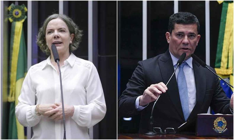 Montagem com Gleisi a esquerda e Sergio Moro a direita