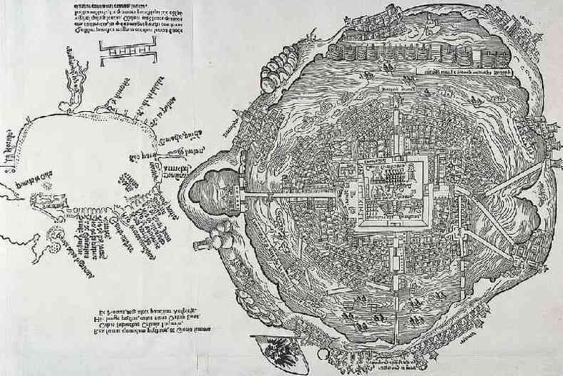 O 'mapa de Nuremberg', elaborado na Alemanha em 1524,  o mapa mais antigo existente da Cidade do Mxico (na poca, Tenochtitln)(foto: DEA PICTURE LIBRARY/De Agostini via Getty Images)