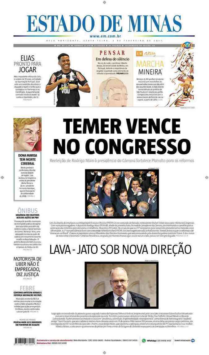 Confira a Capa do Jornal Estado de Minas do dia 03/02/2017
