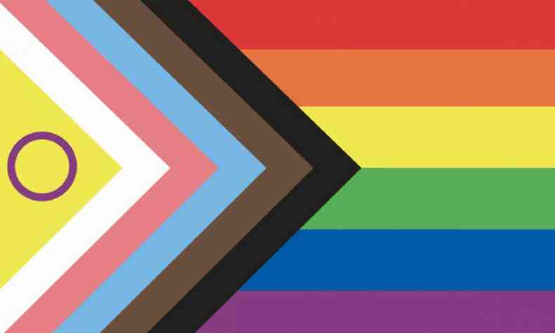 Bandeira com as cores do arco-ris, da bandeira trans, da bandeira intersexo, mais o marrom e o preto do movimento antirracista