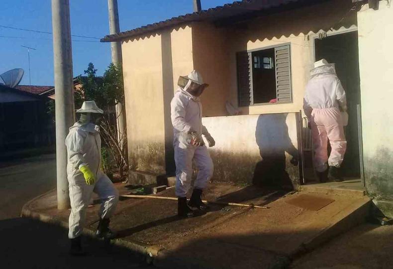 Bombeiros chegaram à casa por volta das 16h30, onde mãe e filha foram atacadas por um enxame de abelhas(foto: Corpo de Bombeiros/Divulgação) Corpo de Bombeiros atendem ocorrência de enxame de abelhas
