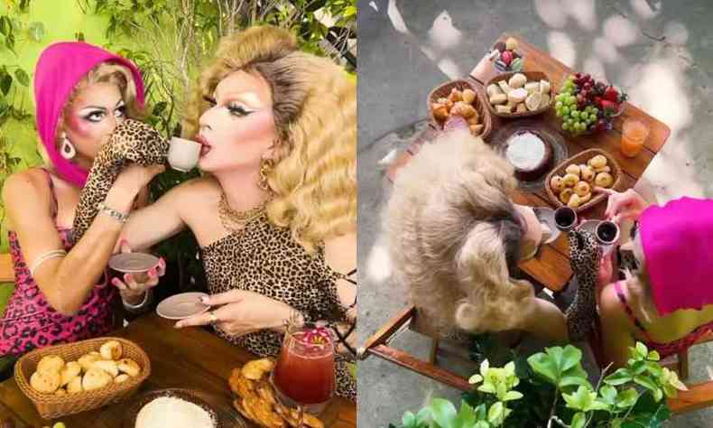 Montagem com duas fotos mostrando duas drag queens tomando um brunch. H uma mesa cheia de quitutes e elas sorriem enquanto consomem as comidas