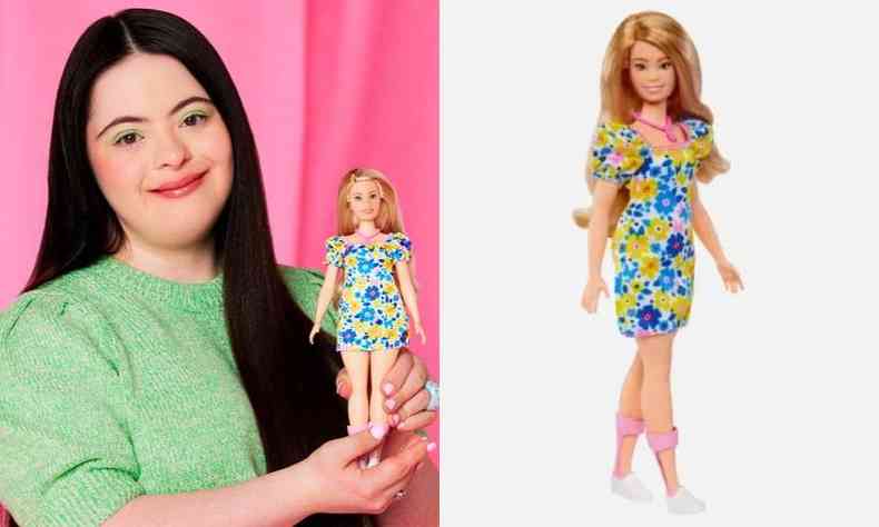 Colagem com duas fotos mostrando a nova Barbie com Sndrome de Down.  esquerda, a modelo Ellie Goldstein, que tem sndrome de Down, segura a boneca em mos