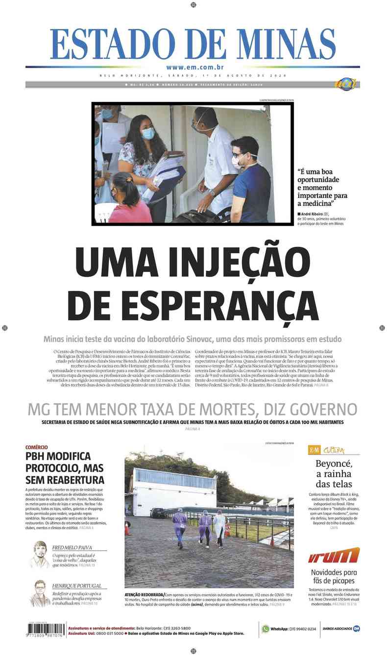 Confira a Capa do Jornal Estado de Minas do dia 01/08/2020(foto: Estado de Minas)